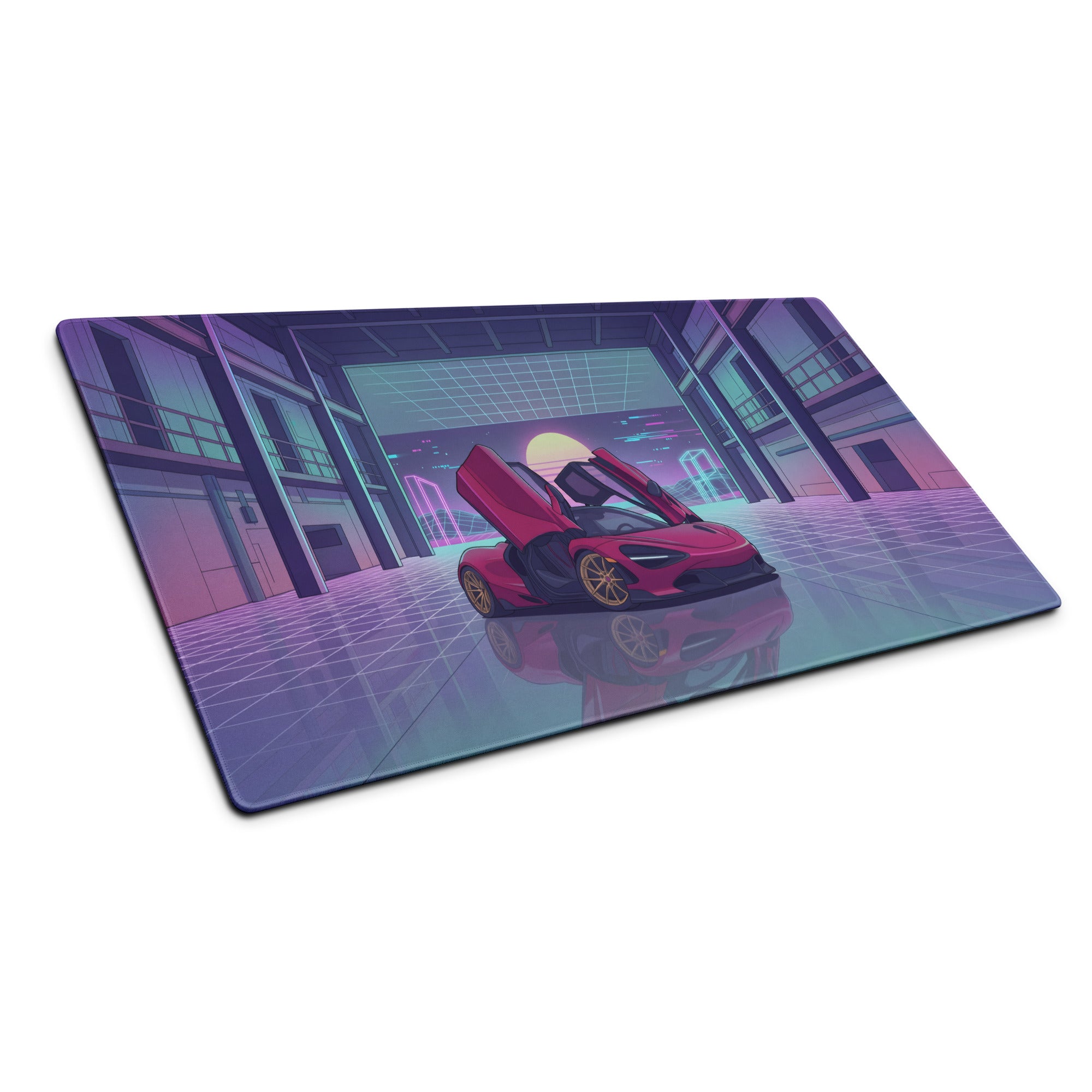 McLaren 720S Inspired Red Purple Vaporwave Gaming Mouse Pad – Neon Sunset Garage Desk Mat, Retro Futuristic Supercar Digital Artwork