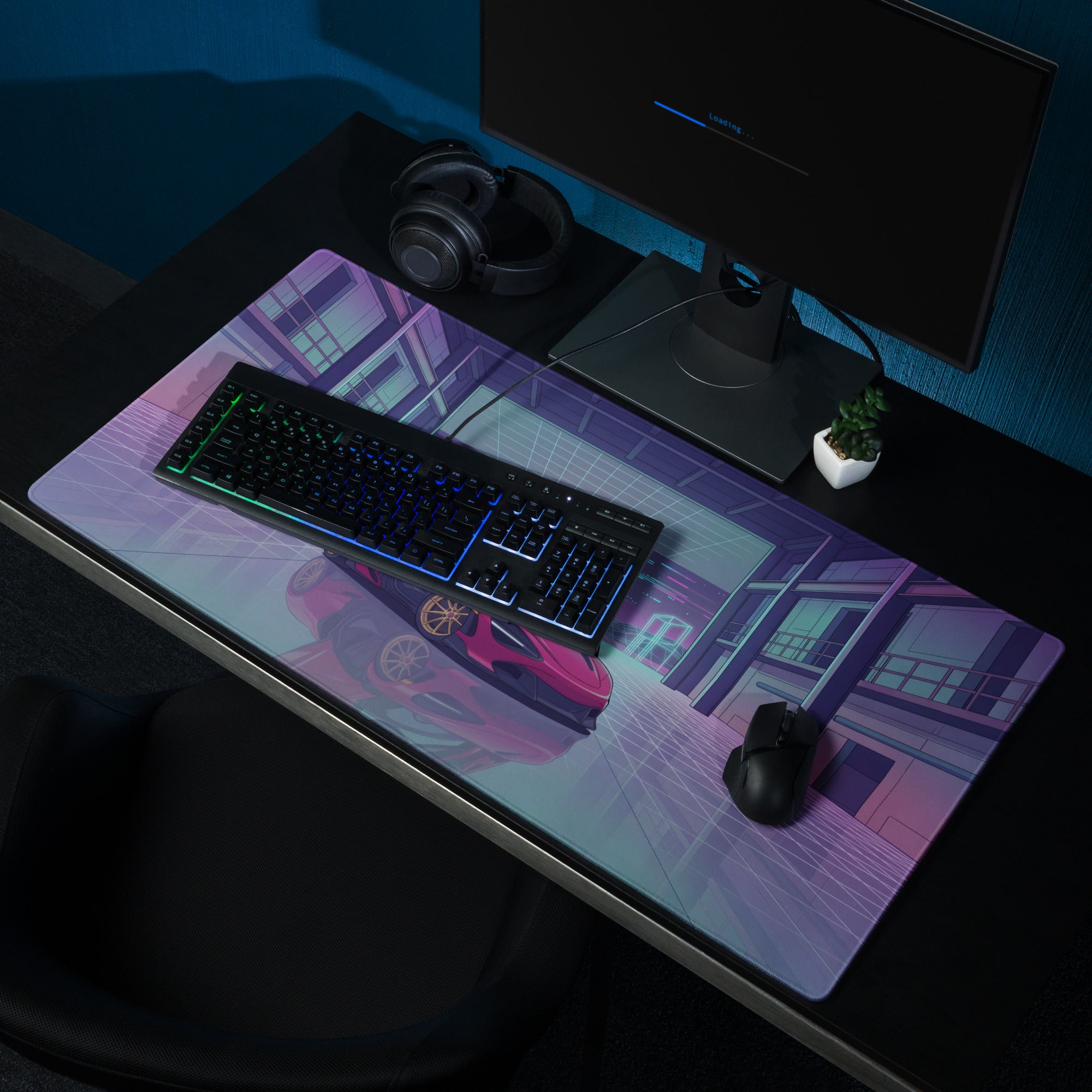 McLaren 720S Inspired Red Purple Vaporwave Gaming Mouse Pad – Neon Sunset Garage Desk Mat, Retro Futuristic Supercar Digital Artwork