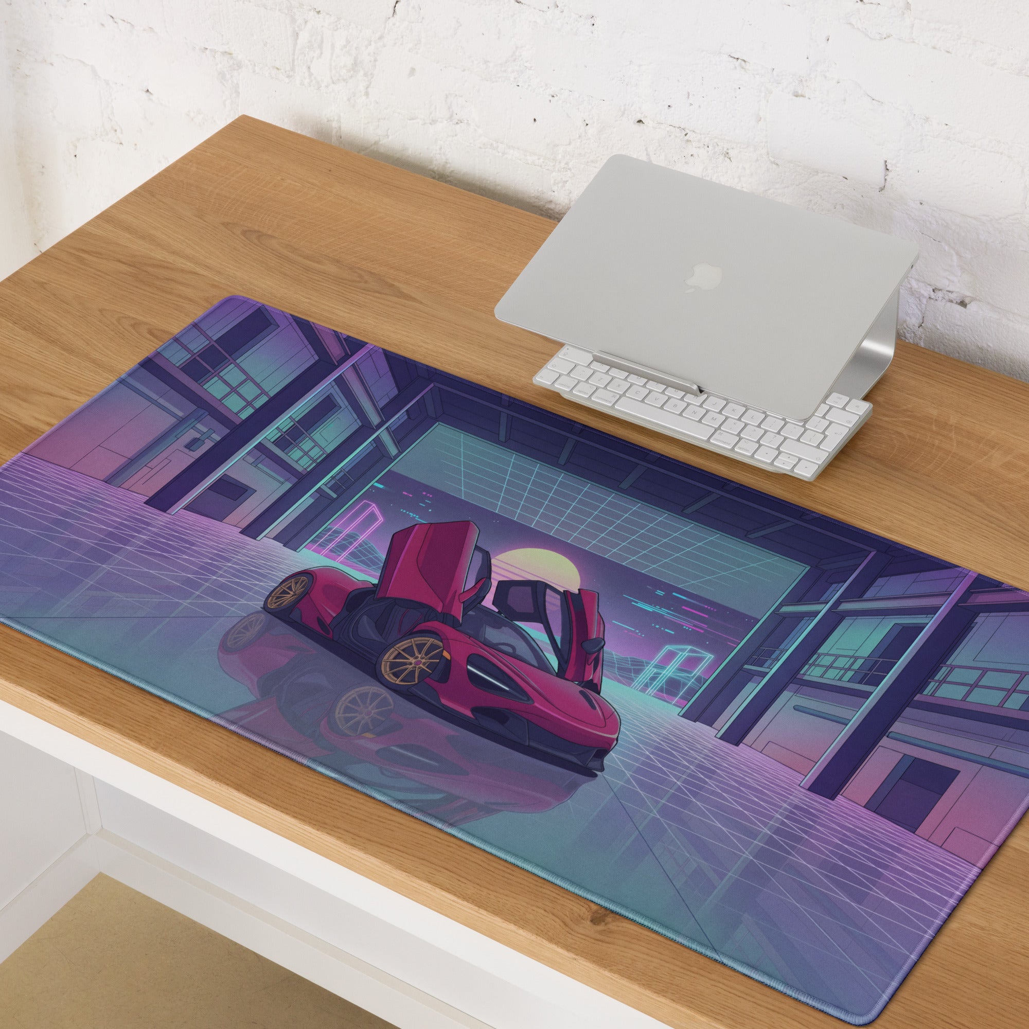 McLaren 720S Inspired Red Purple Vaporwave Gaming Mouse Pad – Neon Sunset Garage Desk Mat, Retro Futuristic Supercar Digital Artwork