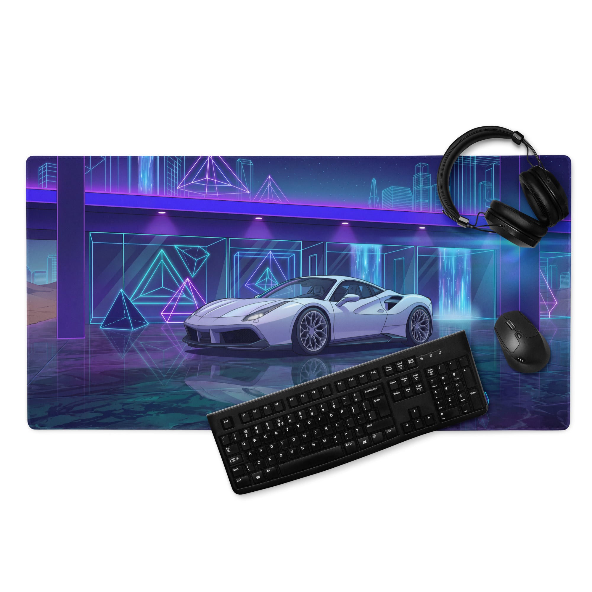 Ferrari 488 GTB Inspired White Blue Vaporwave Gaming Mouse Pad – Neon Futuristic Garage Desk Mat, Dreamy Cyber City Digital Supercar Art