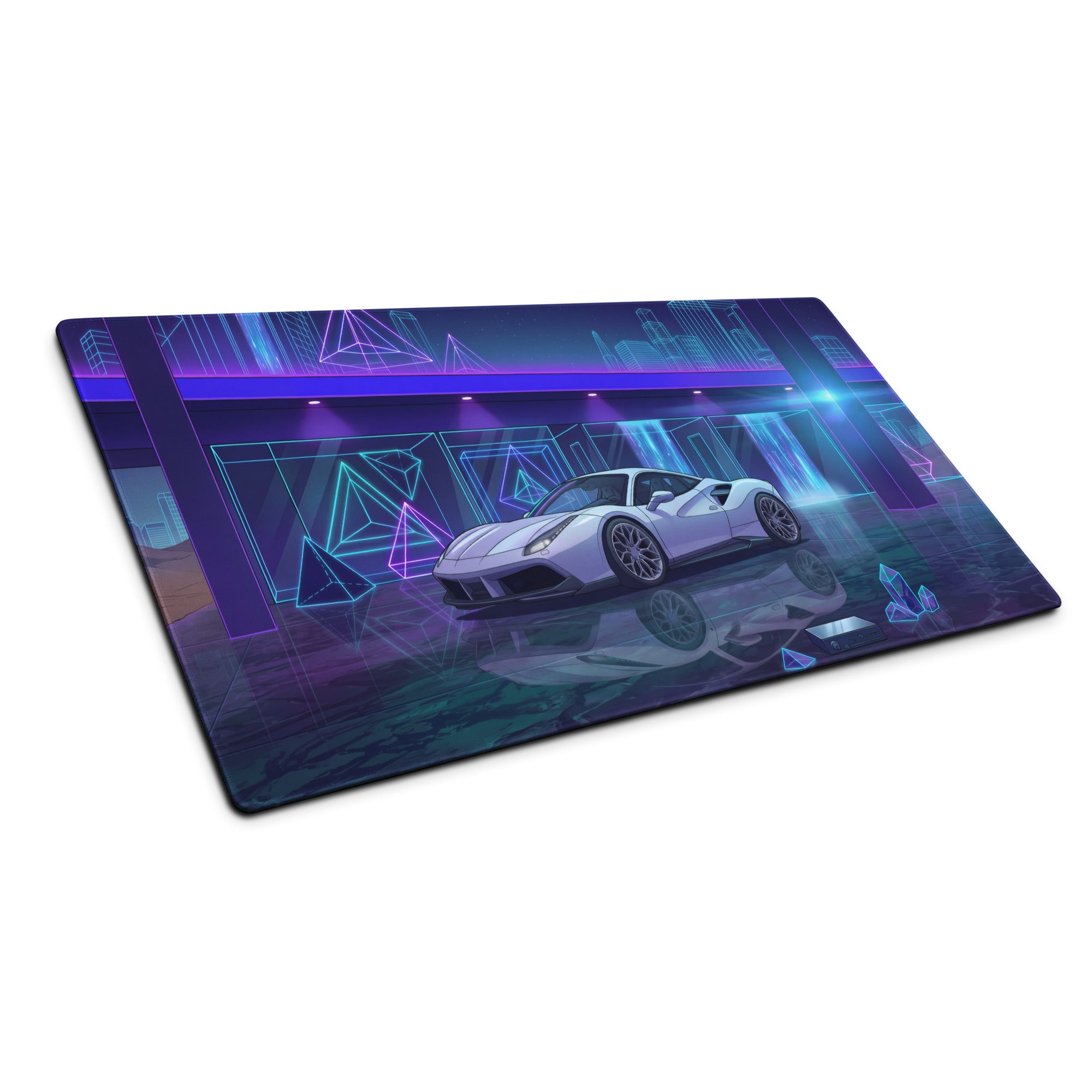 Ferrari 488 GTB Inspired White Blue Vaporwave Gaming Mouse Pad – Neon Futuristic Garage Desk Mat, Dreamy Cyber City Digital Supercar Art