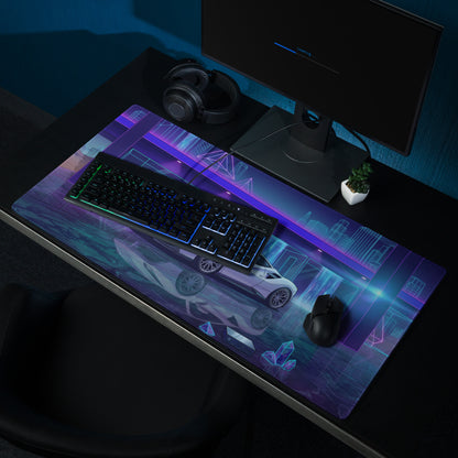 Ferrari 488 GTB Inspired White Blue Vaporwave Gaming Mouse Pad – Neon Futuristic Garage Desk Mat, Dreamy Cyber City Digital Supercar Art