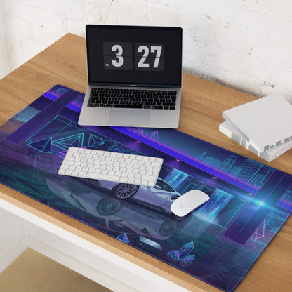 Ferrari 488 GTB Inspired White Blue Vaporwave Gaming Mouse Pad – Neon Futuristic Garage Desk Mat, Dreamy Cyber City Digital Supercar Art