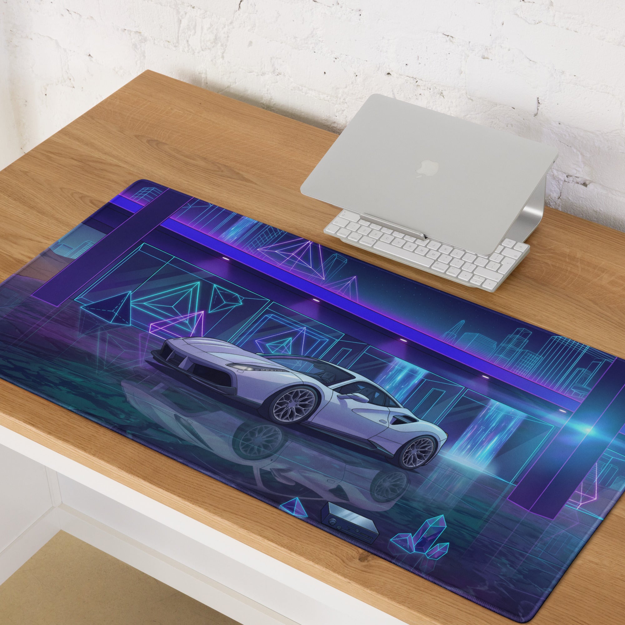 Ferrari 488 GTB Inspired White Blue Vaporwave Gaming Mouse Pad – Neon Futuristic Garage Desk Mat, Dreamy Cyber City Digital Supercar Art