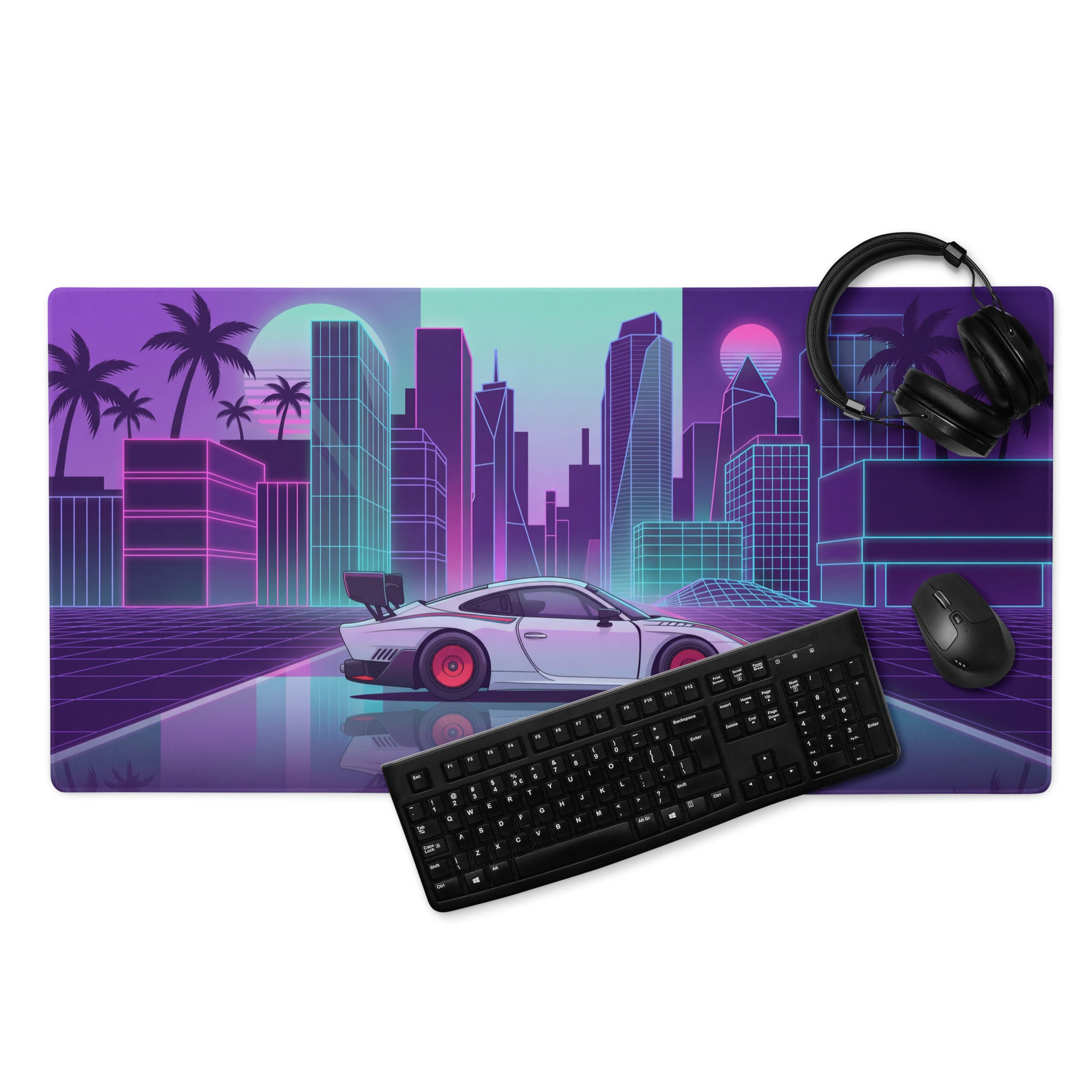 Porsche 935 Inspired White Pink Vaporwave Gaming Mouse Pad – Neon Retro City Desk Mat, Futuristic Synthwave Race Car Digital Artwork