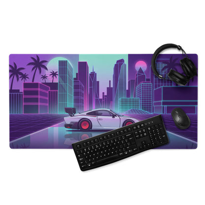 Porsche 935 Inspired White Pink Vaporwave Gaming Mouse Pad – Neon Retro City Desk Mat, Futuristic Synthwave Race Car Digital Artwork