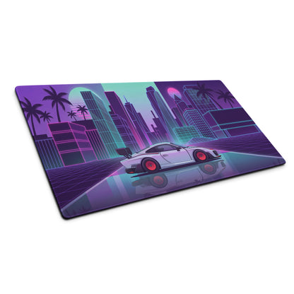 Porsche 935 Inspired White Pink Vaporwave Gaming Mouse Pad – Neon Retro City Desk Mat, Futuristic Synthwave Race Car Digital Artwork