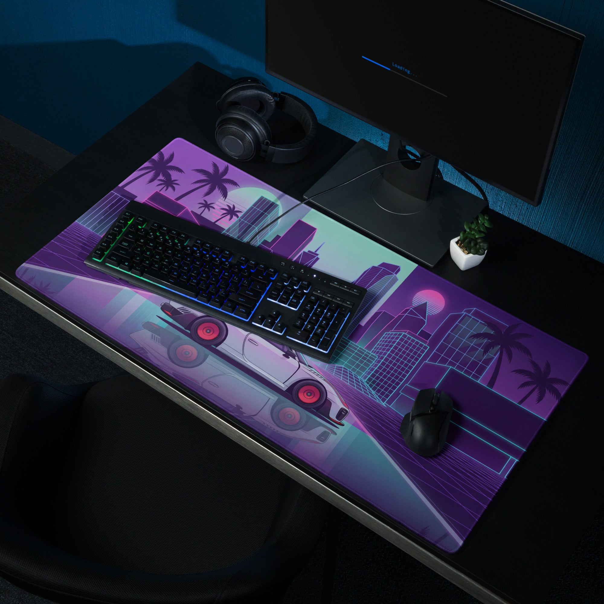 Porsche 935 Inspired White Pink Vaporwave Gaming Mouse Pad – Neon Retro City Desk Mat, Futuristic Synthwave Race Car Digital Artwork
