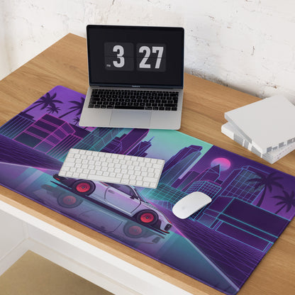 Porsche 935 Inspired White Pink Vaporwave Gaming Mouse Pad – Neon Retro City Desk Mat, Futuristic Synthwave Race Car Digital Artwork