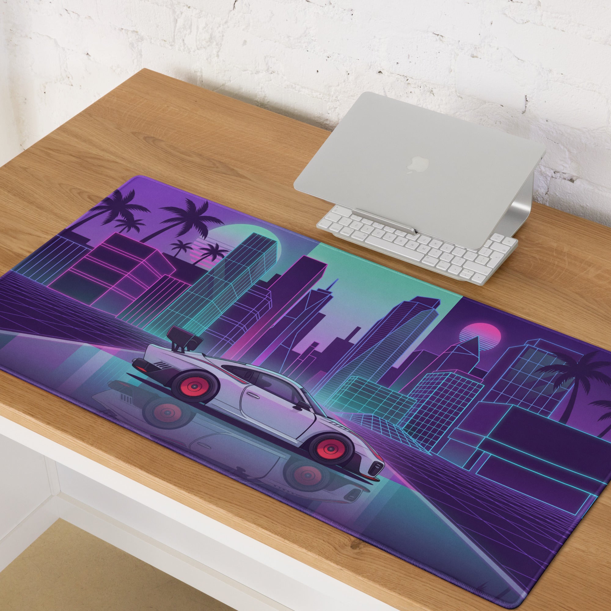 Porsche 935 Inspired White Pink Vaporwave Gaming Mouse Pad – Neon Retro City Desk Mat, Futuristic Synthwave Race Car Digital Artwork