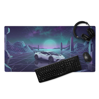 Lamborghini Huracán STO Inspired White Cyan Vaporwave Gaming Mouse Pad – Neon Grid Landscape Desk Mat, Retro Futuristic Supercar Digital Art