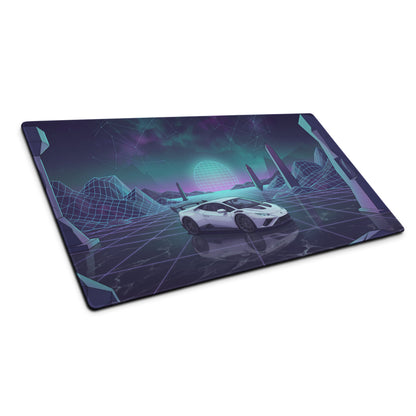 Lamborghini Huracán STO Inspired White Cyan Vaporwave Gaming Mouse Pad – Neon Grid Landscape Desk Mat, Retro Futuristic Supercar Digital Art