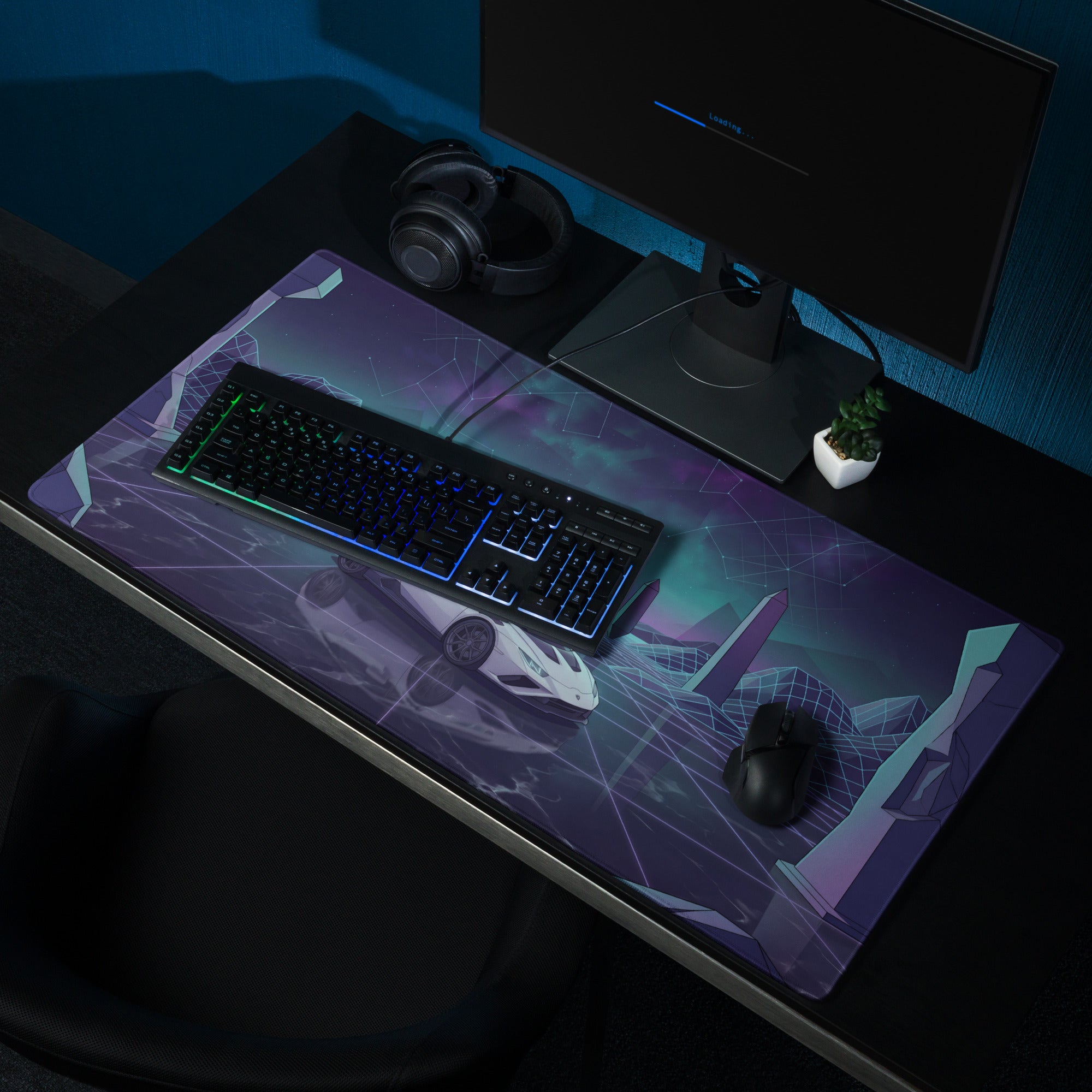 Lamborghini Huracán STO Inspired White Cyan Vaporwave Gaming Mouse Pad – Neon Grid Landscape Desk Mat, Retro Futuristic Supercar Digital Art