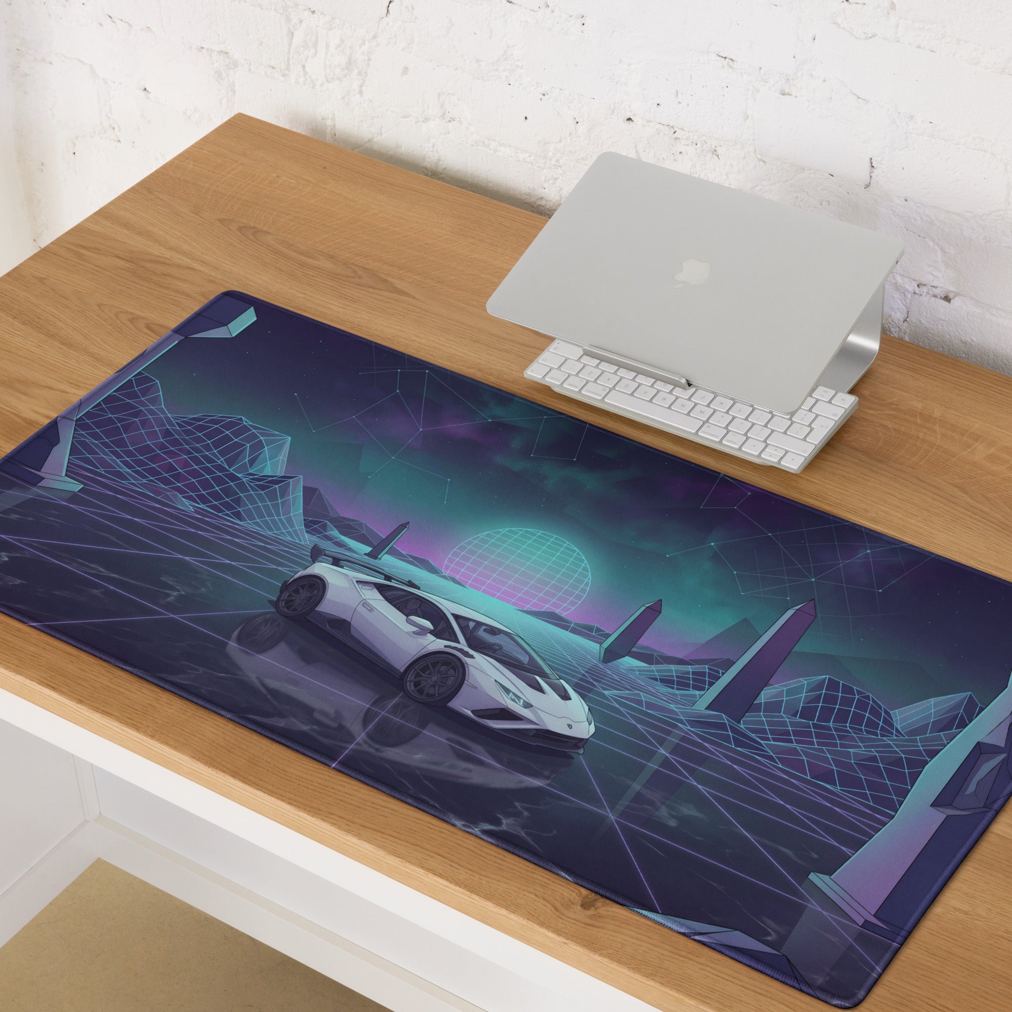 Lamborghini Huracán STO Inspired White Cyan Vaporwave Gaming Mouse Pad – Neon Grid Landscape Desk Mat, Retro Futuristic Supercar Digital Art
