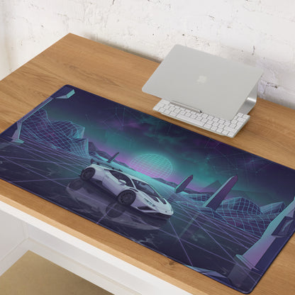 Lamborghini Huracán STO Inspired White Cyan Vaporwave Gaming Mouse Pad – Neon Grid Landscape Desk Mat, Retro Futuristic Supercar Digital Art