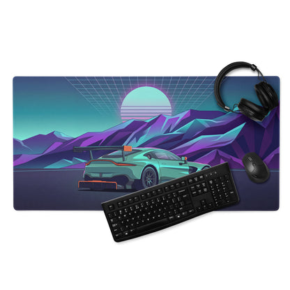 Aston Martin Vantage GT3 Inspired Teal Purple Vaporwave Gaming Mouse Pad – Neon Mountain Sunset Desk Mat, Retro Futuristic Race Car Digital Art