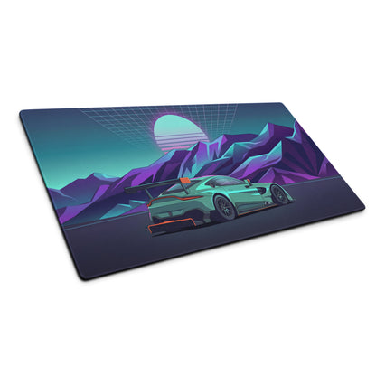 Aston Martin Vantage GT3 Inspired Teal Purple Vaporwave Gaming Mouse Pad – Neon Mountain Sunset Desk Mat, Retro Futuristic Race Car Digital Art