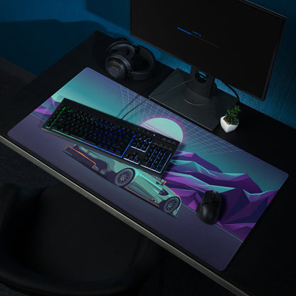 Aston Martin Vantage GT3 Inspired Teal Purple Vaporwave Gaming Mouse Pad – Neon Mountain Sunset Desk Mat, Retro Futuristic Race Car Digital Art