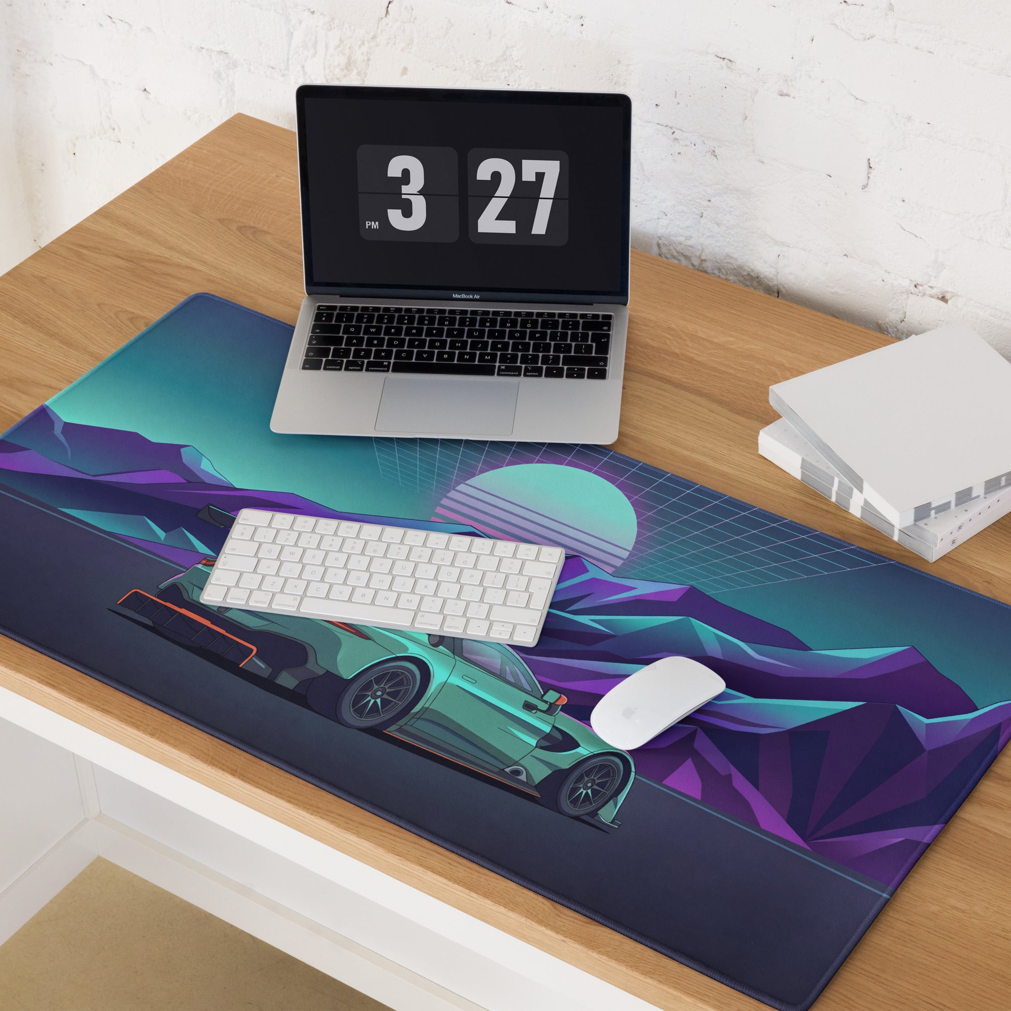 Aston Martin Vantage GT3 Inspired Teal Purple Vaporwave Gaming Mouse Pad – Neon Mountain Sunset Desk Mat, Retro Futuristic Race Car Digital Art