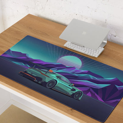 Aston Martin Vantage GT3 Inspired Teal Purple Vaporwave Gaming Mouse Pad – Neon Mountain Sunset Desk Mat, Retro Futuristic Race Car Digital Art