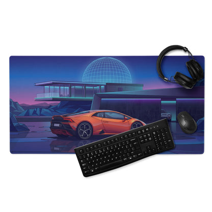 Lamborghini Huracán EVO Inspired Orange Blue Vaporwave Gaming Mouse Pad – Neon Modern Mansion Desk Mat, Futuristic Synthwave Supercar Digital Art
