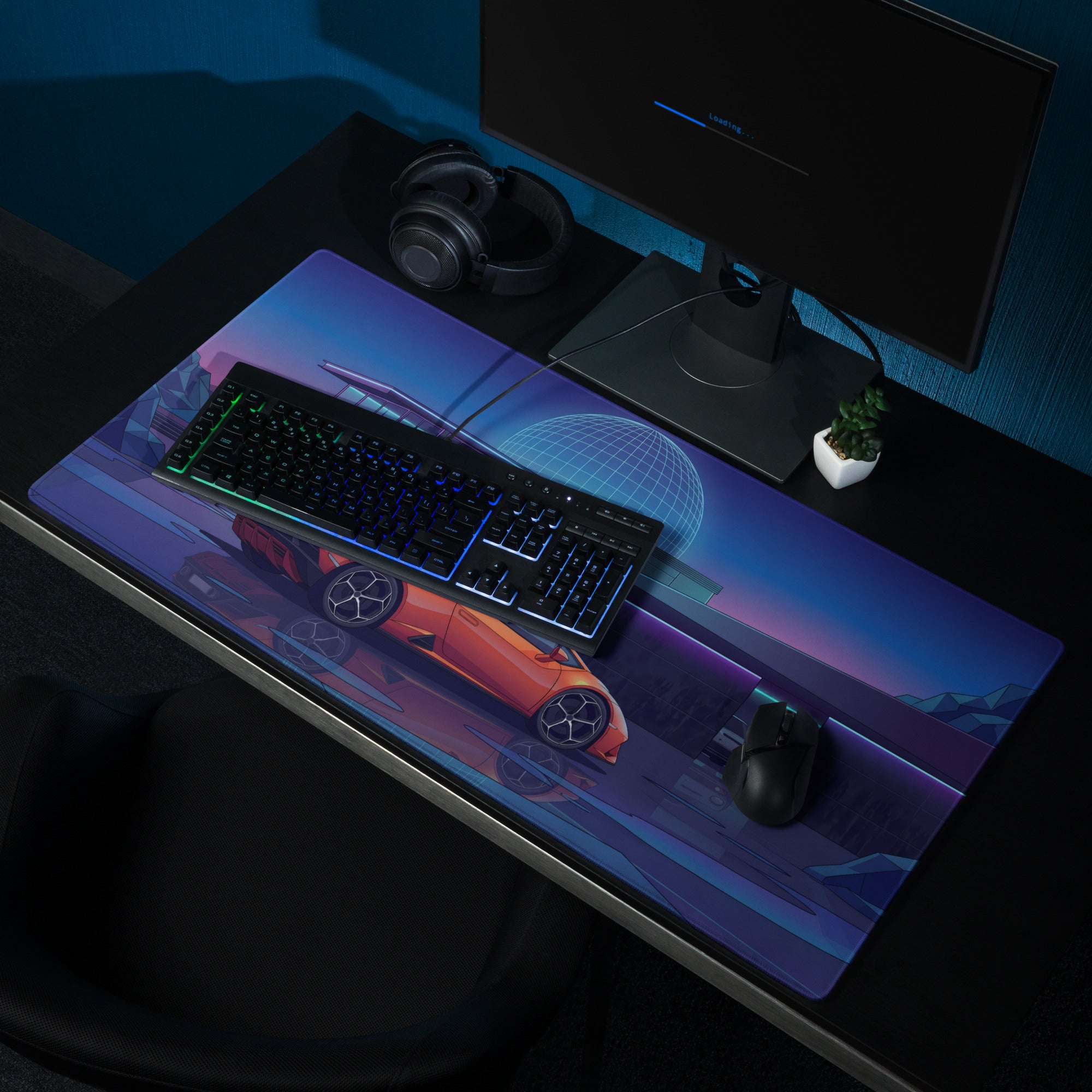 Lamborghini Huracán EVO Inspired Orange Blue Vaporwave Gaming Mouse Pad – Neon Modern Mansion Desk Mat, Futuristic Synthwave Supercar Digital Art