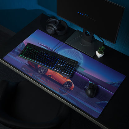 Lamborghini Huracán EVO Inspired Orange Blue Vaporwave Gaming Mouse Pad – Neon Modern Mansion Desk Mat, Futuristic Synthwave Supercar Digital Art