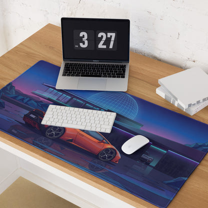 Lamborghini Huracán EVO Inspired Orange Blue Vaporwave Gaming Mouse Pad – Neon Modern Mansion Desk Mat, Futuristic Synthwave Supercar Digital Art