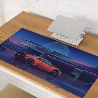 Lamborghini Huracán EVO Inspired Orange Blue Vaporwave Gaming Mouse Pad – Neon Modern Mansion Desk Mat, Futuristic Synthwave Supercar Digital Art