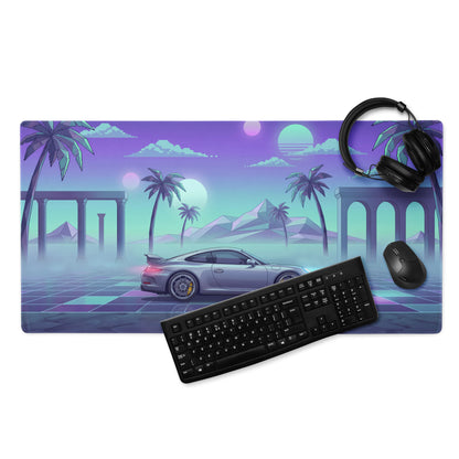 Porsche 911 GT3 Inspired Silver Cyan Vaporwave Gaming Mouse Pad – Neon Palm Ruins Desk Mat, Dreamy Retro Futuristic Sports Car Digital Art
