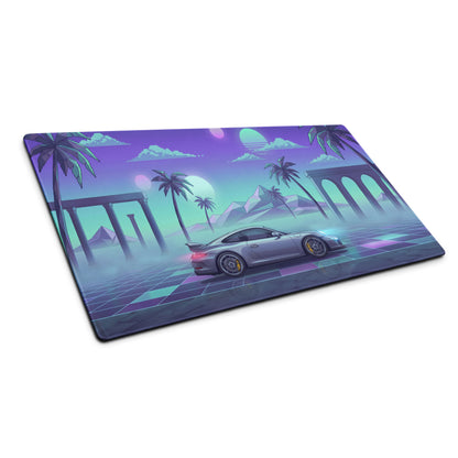 Porsche 911 GT3 Inspired Silver Cyan Vaporwave Gaming Mouse Pad – Neon Palm Ruins Desk Mat, Dreamy Retro Futuristic Sports Car Digital Art