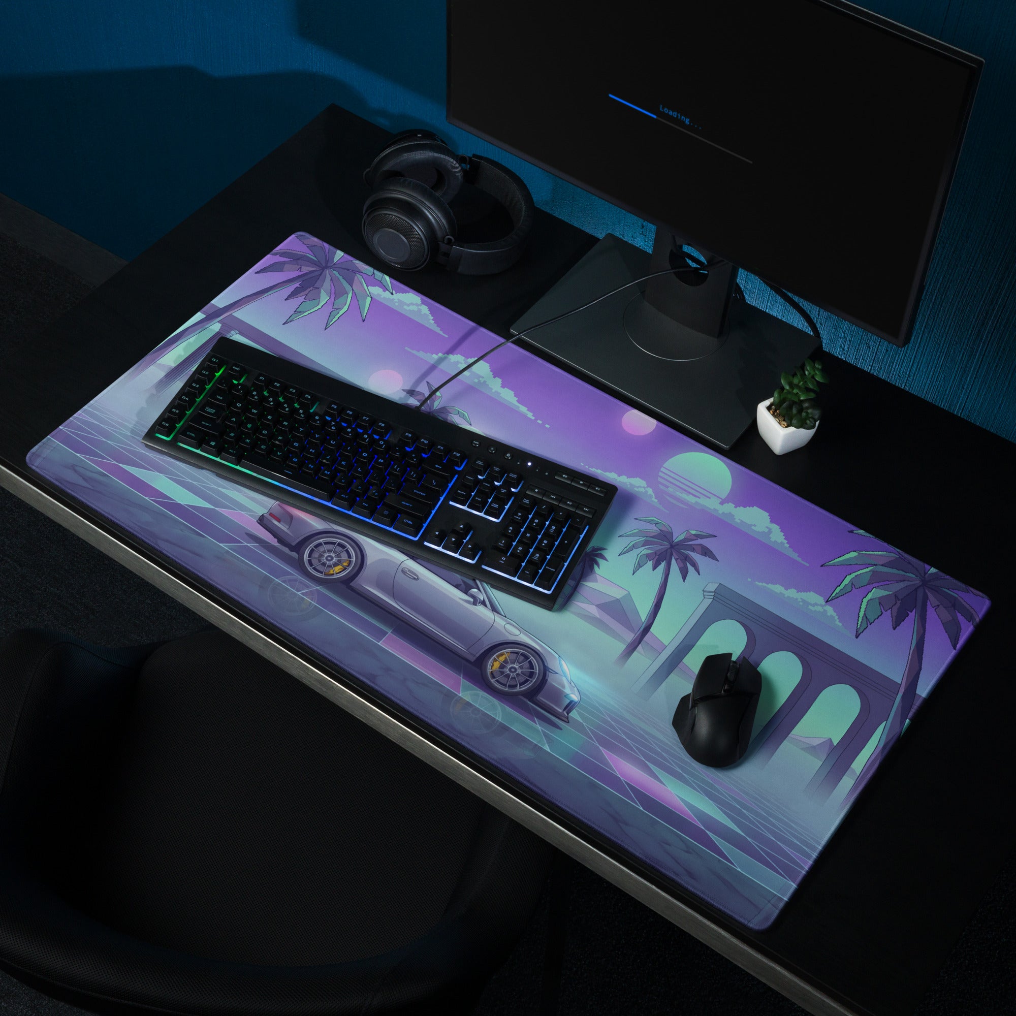 Porsche 911 GT3 Inspired Silver Cyan Vaporwave Gaming Mouse Pad – Neon Palm Ruins Desk Mat, Dreamy Retro Futuristic Sports Car Digital Art