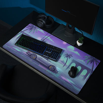Porsche 911 GT3 Inspired Silver Cyan Vaporwave Gaming Mouse Pad – Neon Palm Ruins Desk Mat, Dreamy Retro Futuristic Sports Car Digital Art