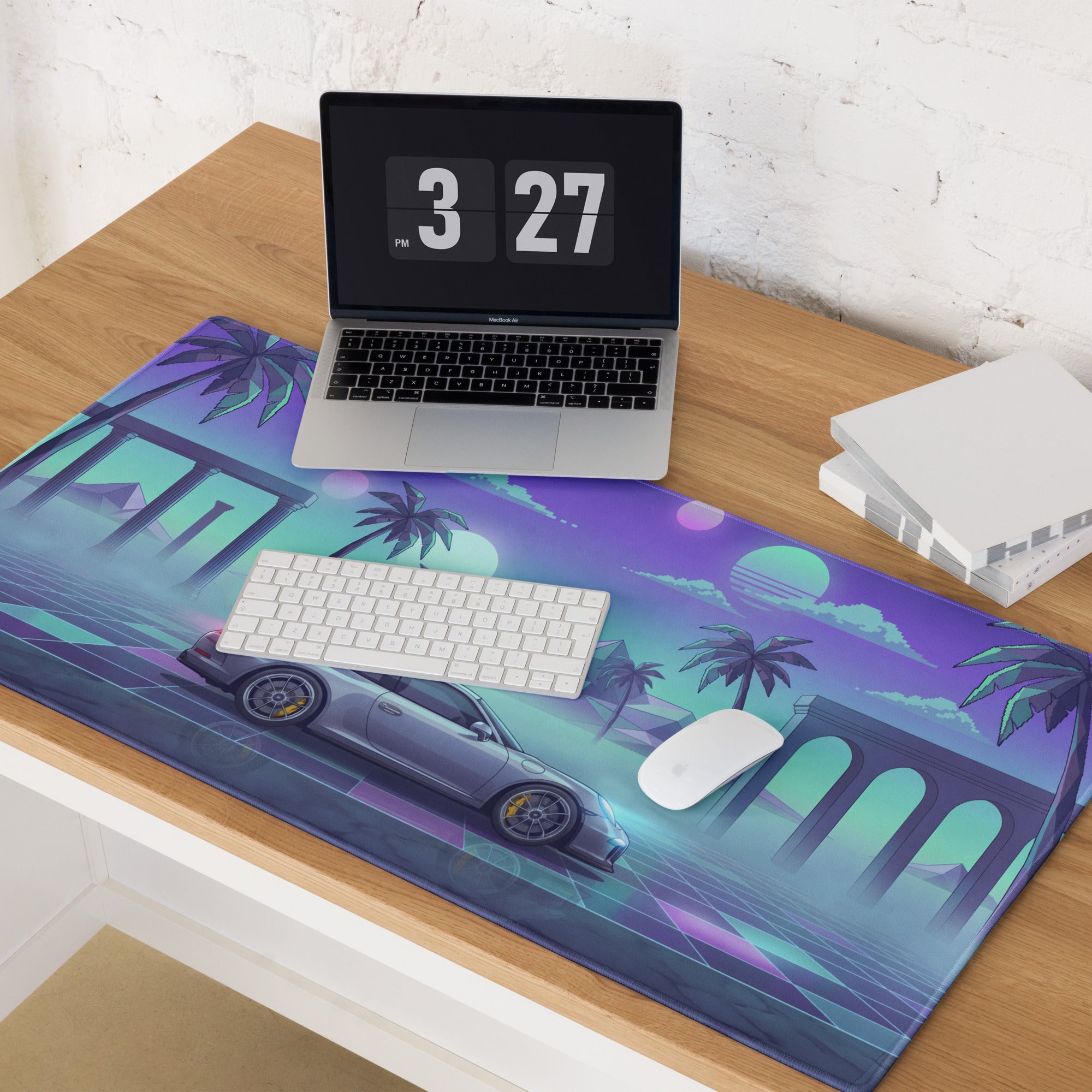 Porsche 911 GT3 Inspired Silver Cyan Vaporwave Gaming Mouse Pad – Neon Palm Ruins Desk Mat, Dreamy Retro Futuristic Sports Car Digital Art
