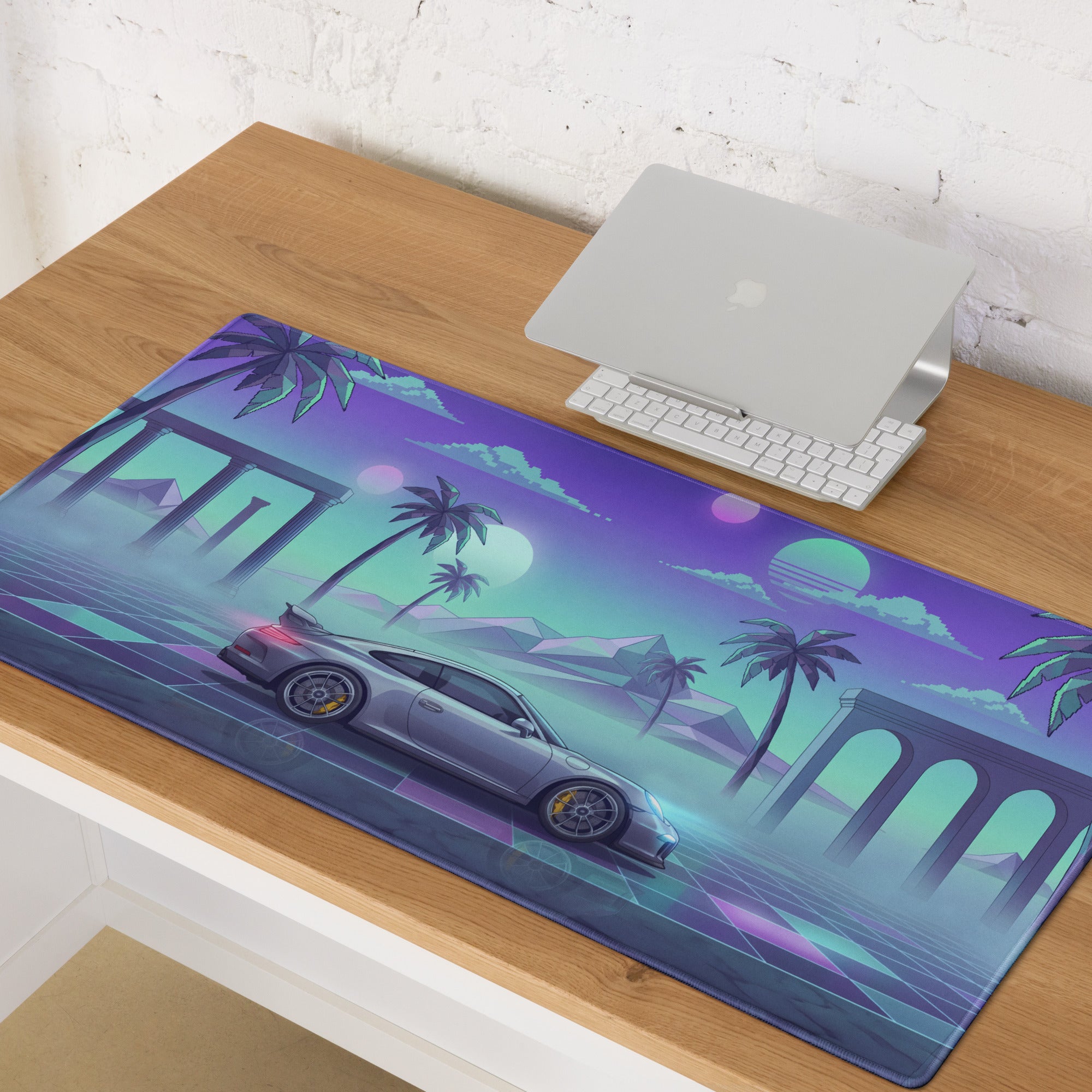 Porsche 911 GT3 Inspired Silver Cyan Vaporwave Gaming Mouse Pad – Neon Palm Ruins Desk Mat, Dreamy Retro Futuristic Sports Car Digital Art