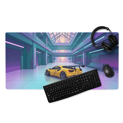 Ferrari 488 GT3 Inspired Yellow Cyan Vaporwave Gaming Mouse Pad – Neon Futuristic Atrium Desk Mat, Retro Racing Supercar Digital Art