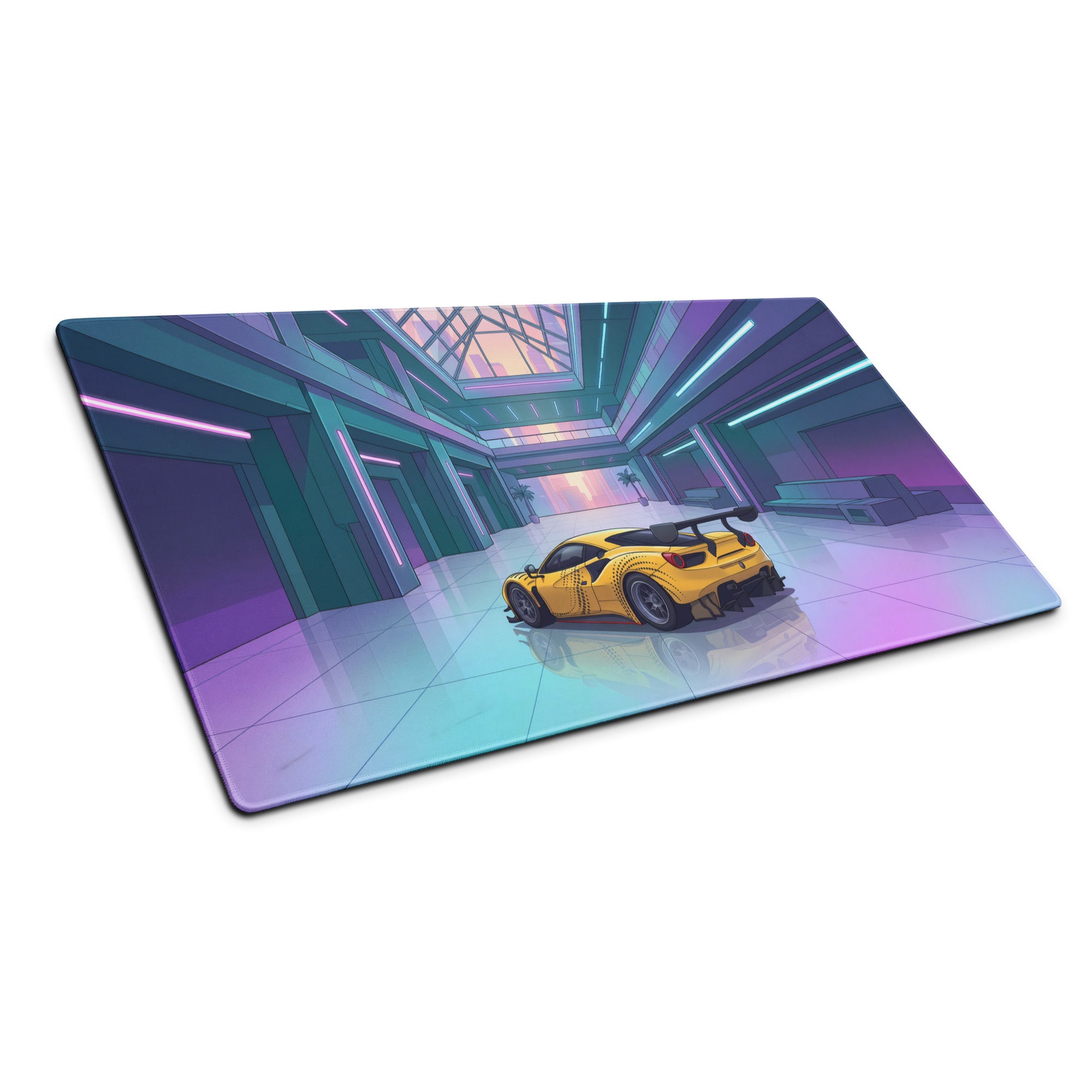 Ferrari 488 GT3 Inspired Yellow Cyan Vaporwave Gaming Mouse Pad – Neon Futuristic Atrium Desk Mat, Retro Racing Supercar Digital Art