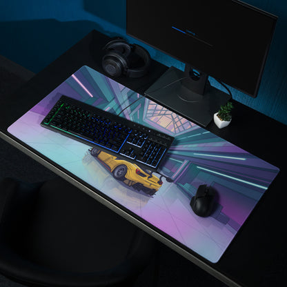 Ferrari 488 GT3 Inspired Yellow Cyan Vaporwave Gaming Mouse Pad – Neon Futuristic Atrium Desk Mat, Retro Racing Supercar Digital Art