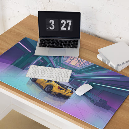 Ferrari 488 GT3 Inspired Yellow Cyan Vaporwave Gaming Mouse Pad – Neon Futuristic Atrium Desk Mat, Retro Racing Supercar Digital Art