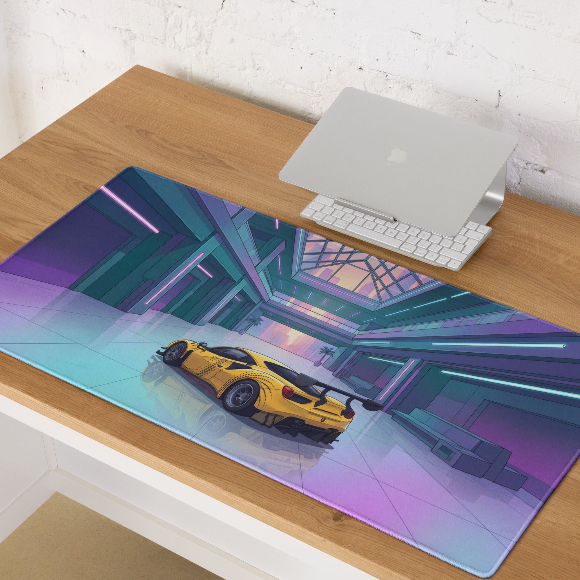 Ferrari 488 GT3 Inspired Yellow Cyan Vaporwave Gaming Mouse Pad – Neon Futuristic Atrium Desk Mat, Retro Racing Supercar Digital Art