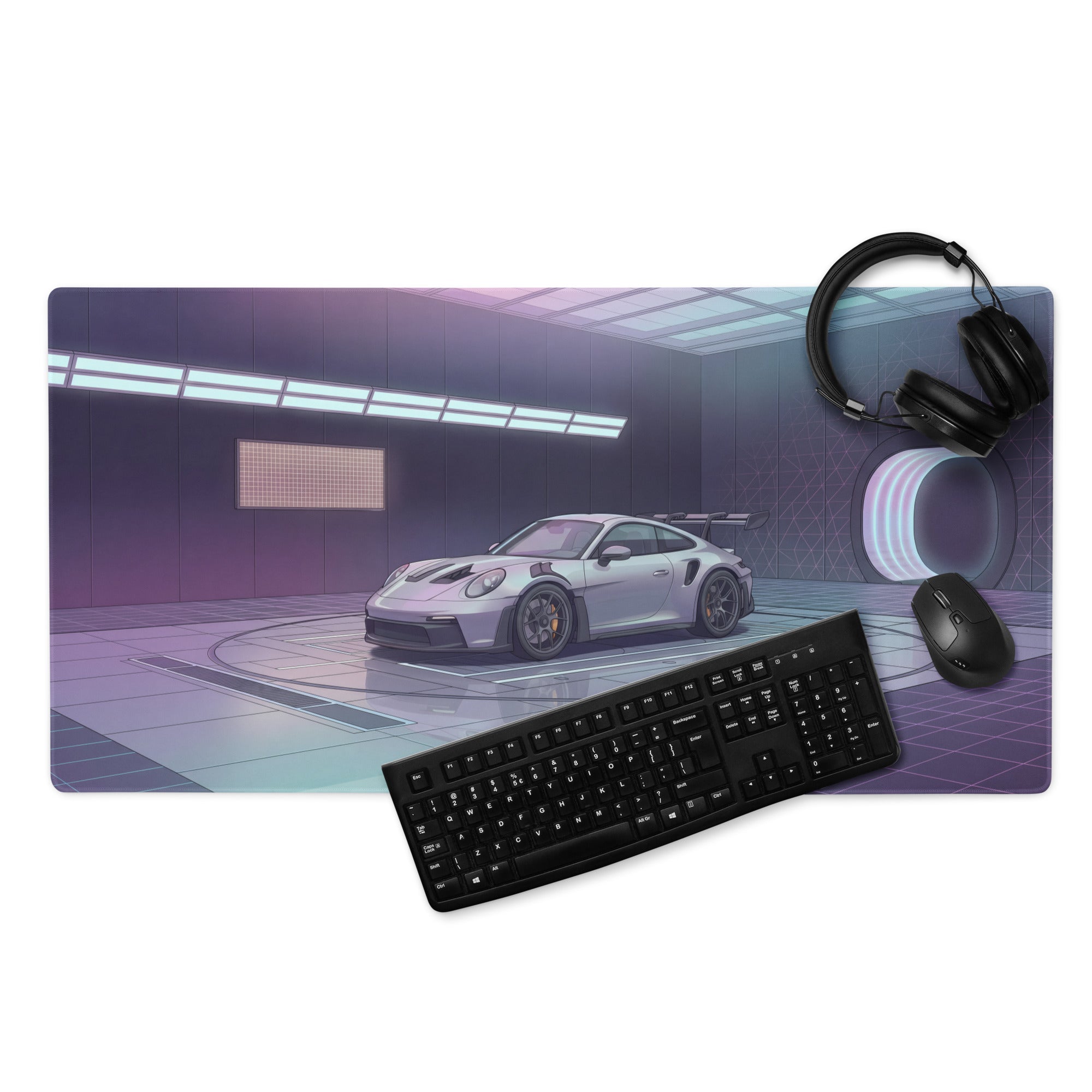 Porsche 911 GT3 RS Inspired Silver Purple Vaporwave Gaming Mouse Pad – Neon Futuristic Garage Desk Mat, Cyber Racing Supercar Digital Art