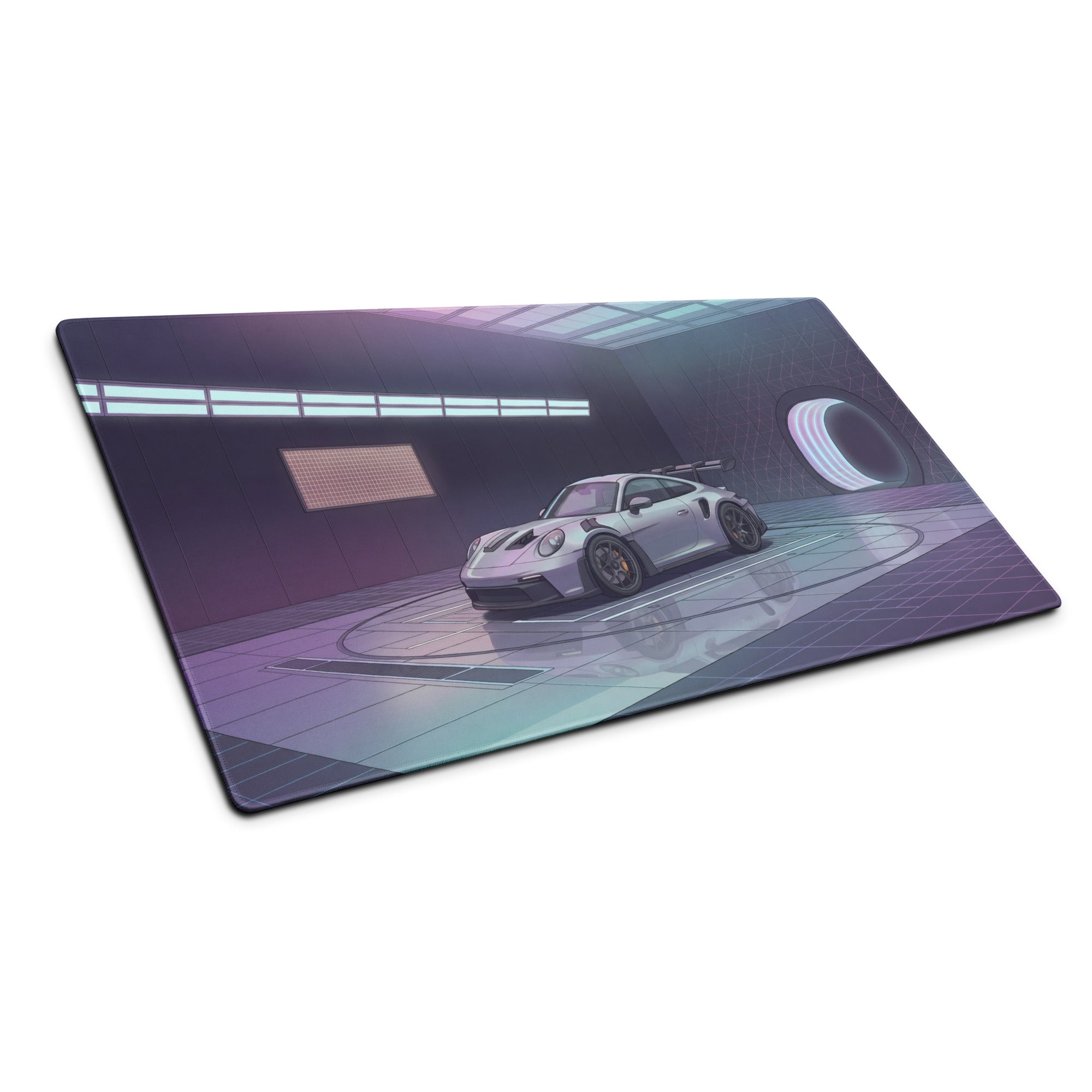 Porsche 911 GT3 RS Inspired Silver Purple Vaporwave Gaming Mouse Pad – Neon Futuristic Garage Desk Mat, Cyber Racing Supercar Digital Art