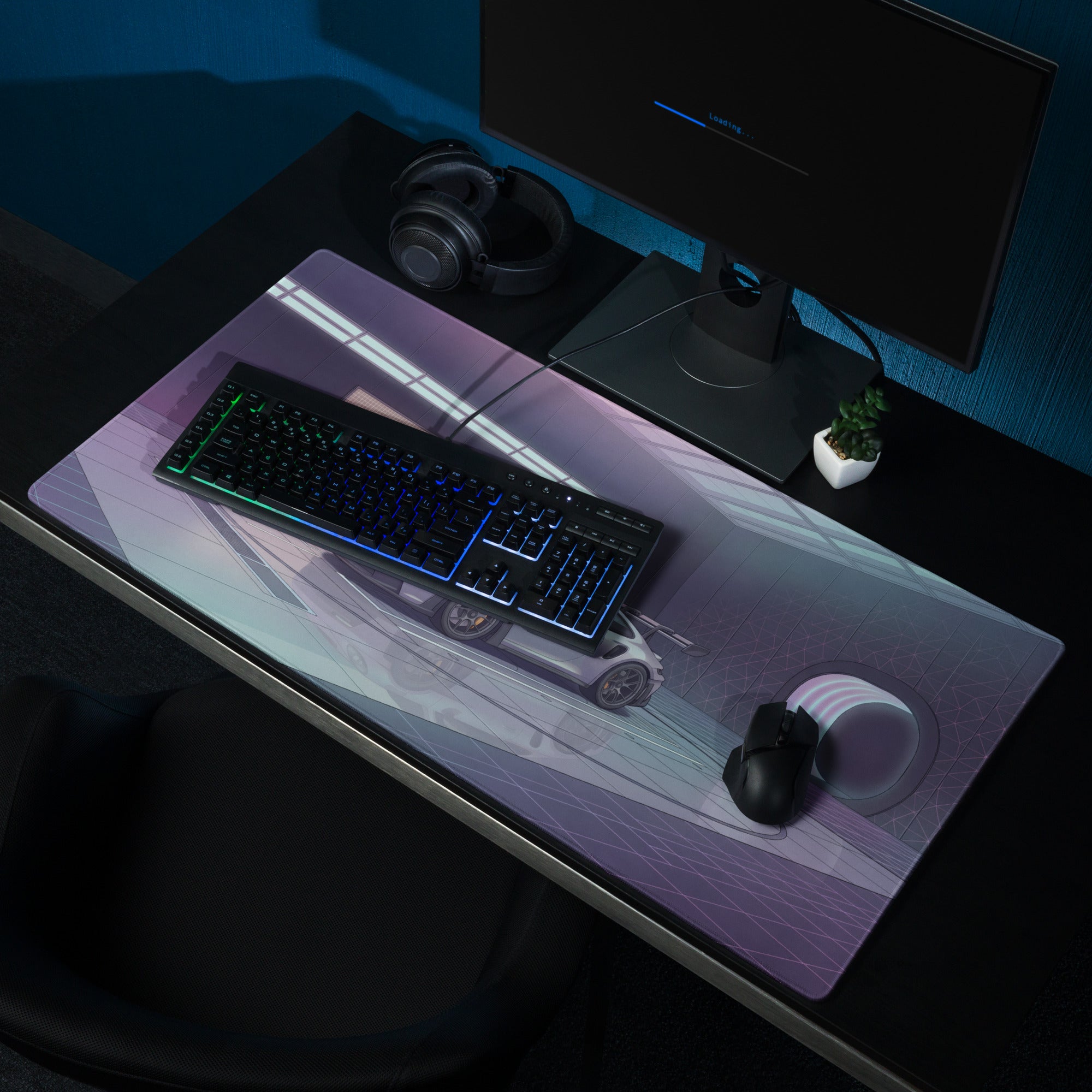 Porsche 911 GT3 RS Inspired Silver Purple Vaporwave Gaming Mouse Pad – Neon Futuristic Garage Desk Mat, Cyber Racing Supercar Digital Art