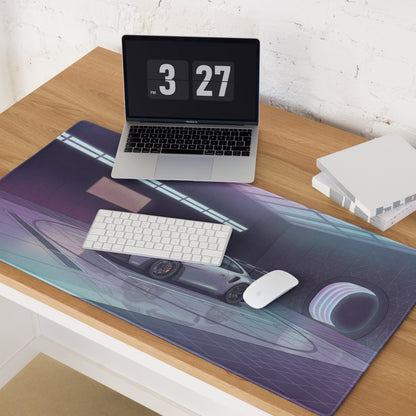 Porsche 911 GT3 RS Inspired Silver Purple Vaporwave Gaming Mouse Pad – Neon Futuristic Garage Desk Mat, Cyber Racing Supercar Digital Art