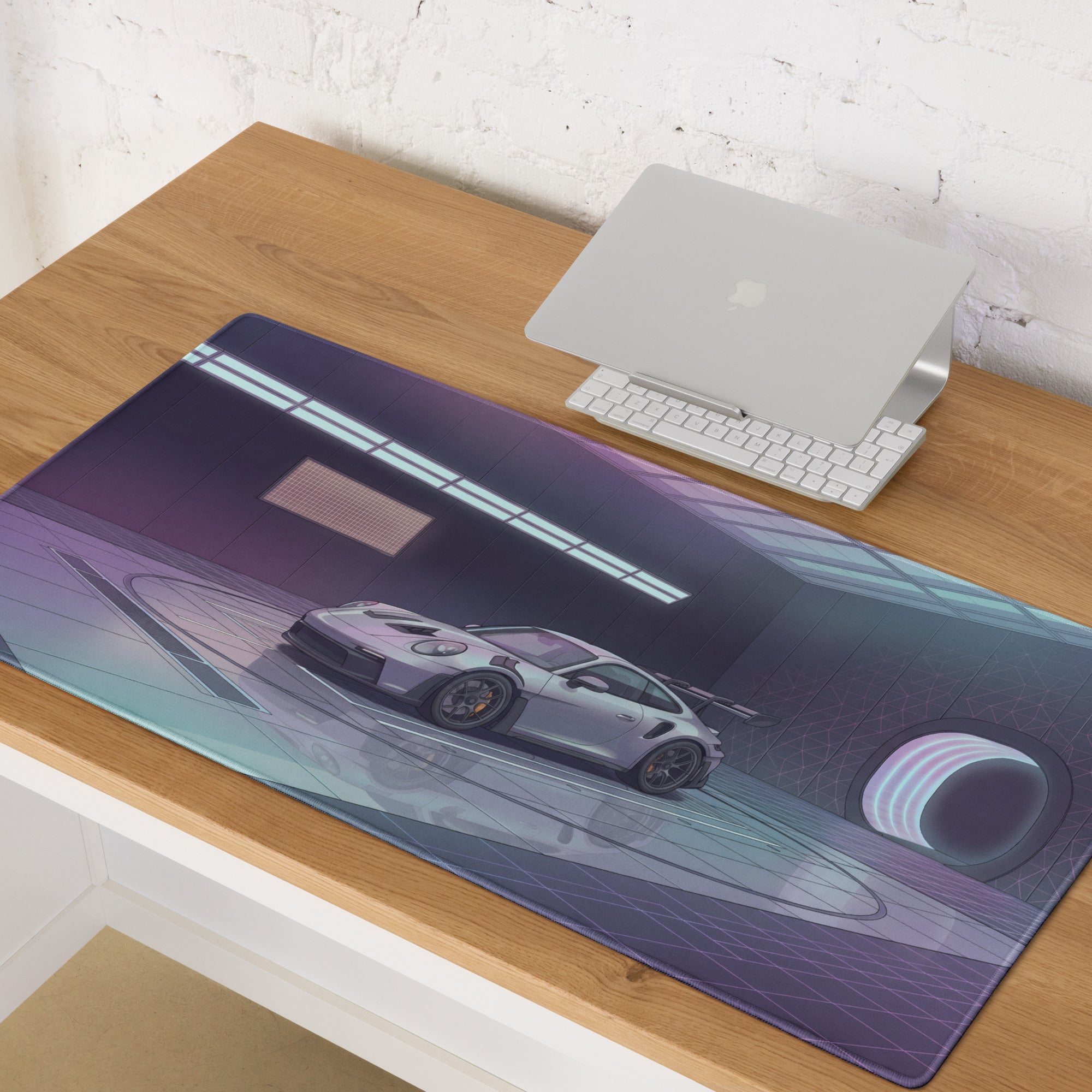 Porsche 911 GT3 RS Inspired Silver Purple Vaporwave Gaming Mouse Pad – Neon Futuristic Garage Desk Mat, Cyber Racing Supercar Digital Art