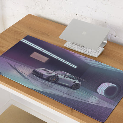 Porsche 911 GT3 RS Inspired Silver Purple Vaporwave Gaming Mouse Pad – Neon Futuristic Garage Desk Mat, Cyber Racing Supercar Digital Art