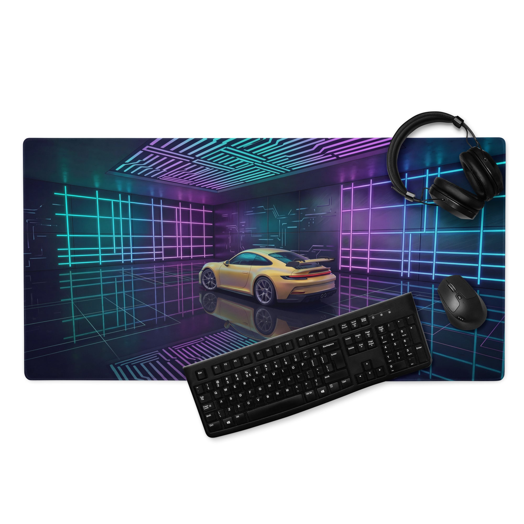 Porsche 911 GT3 Touring Inspired Yellow Cyan Vaporwave Gaming Mouse Pad – Neon Futuristic Garage Desk Mat, Cyberpunk Sports Car Digital Art