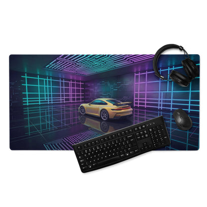 Porsche 911 GT3 Touring Inspired Yellow Cyan Vaporwave Gaming Mouse Pad – Neon Futuristic Garage Desk Mat, Cyberpunk Sports Car Digital Art