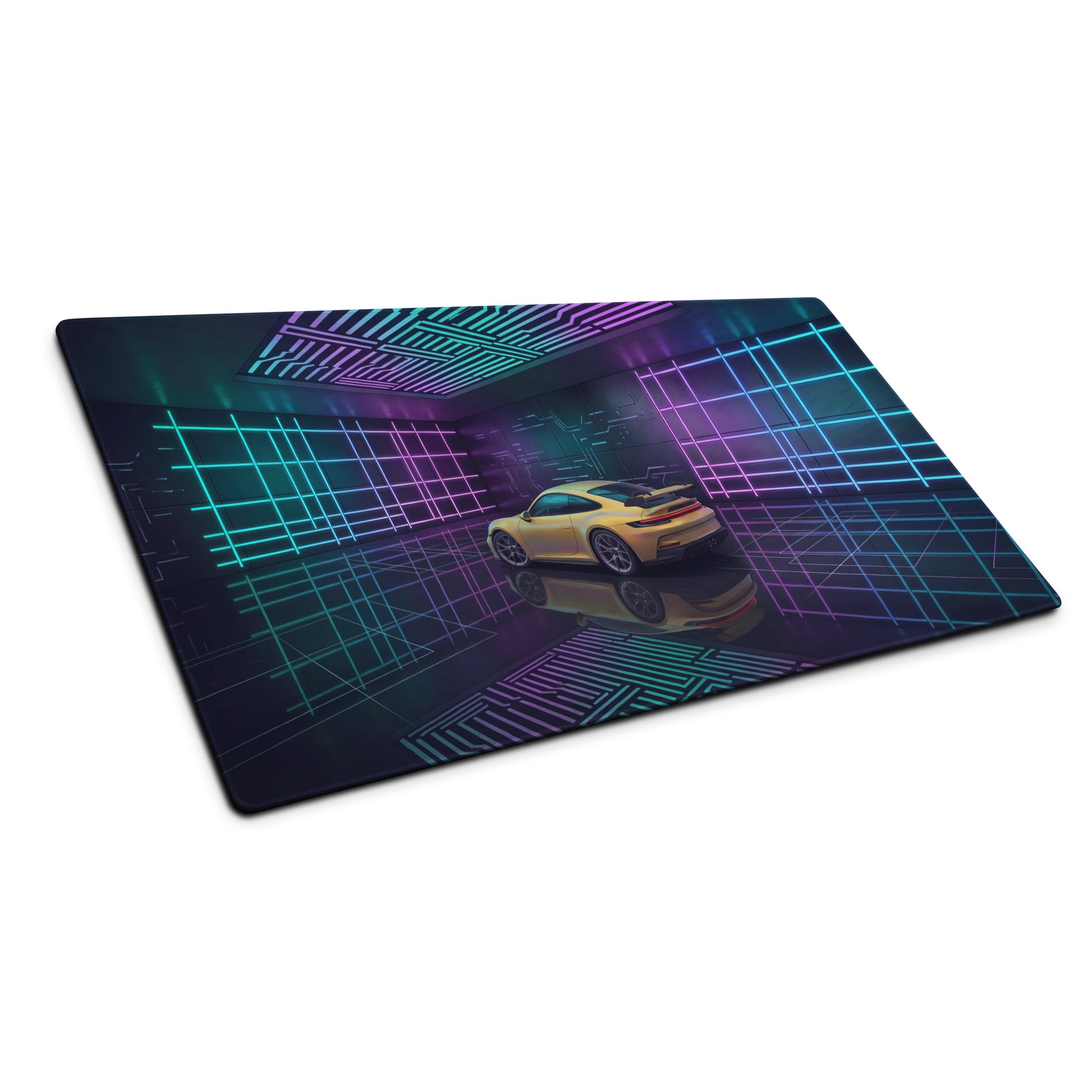 Porsche 911 GT3 Touring Inspired Yellow Cyan Vaporwave Gaming Mouse Pad – Neon Futuristic Garage Desk Mat, Cyberpunk Sports Car Digital Art