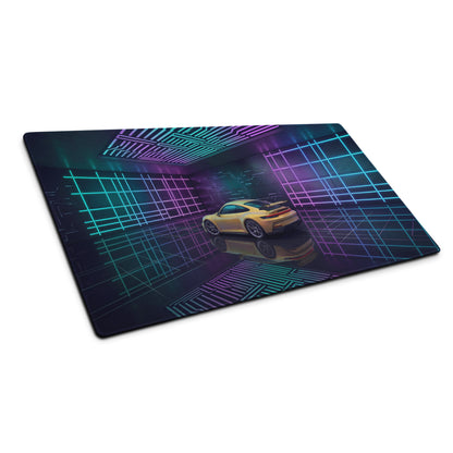 Porsche 911 GT3 Touring Inspired Yellow Cyan Vaporwave Gaming Mouse Pad – Neon Futuristic Garage Desk Mat, Cyberpunk Sports Car Digital Art
